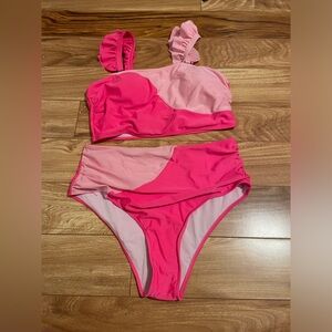 Two Toned Pink Tankini Set. High Waist Bottom & Ruffle Sleeve Top
